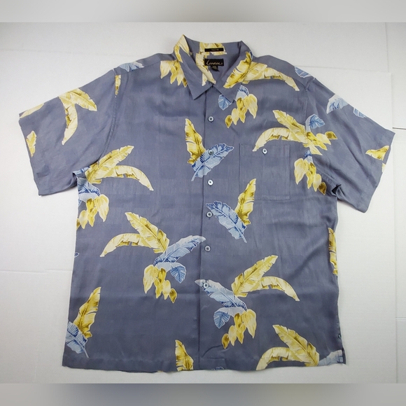 Luau Shirt Mens Size 2XL XXL Hawaiian Blue Gray Yellow Leaves Silk Blend Button - Picture 1 of 9